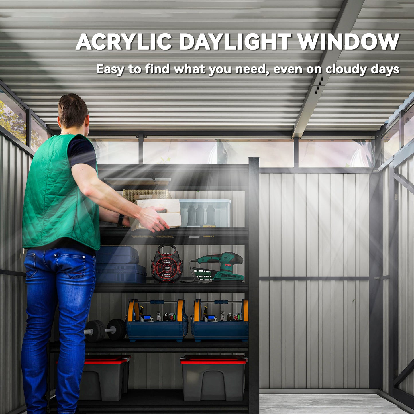 5.3 x 8.5ft Galvanised Steel Garden Shed, Metal Shed with Roof Windows, Leakage Holes and Lockable Wide Door for Outdoor Patio Tool Storage