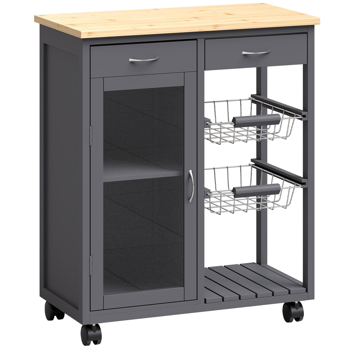 Rolling Kitchen Island Trolley | Bamboo Worktop | Glass Door Cabinet | 2 Wire Baskets | 2 Drawers | Adjustable Shelf | 4 Wheels | 67x35x80cm | Grey