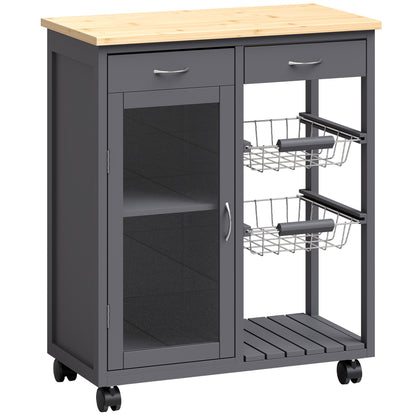 Rolling Kitchen Island Trolley | Bamboo Worktop | Glass Door Cabinet | 2 Wire Baskets | 2 Drawers | Adjustable Shelf | 4 Wheels | 67x35x80cm | Grey