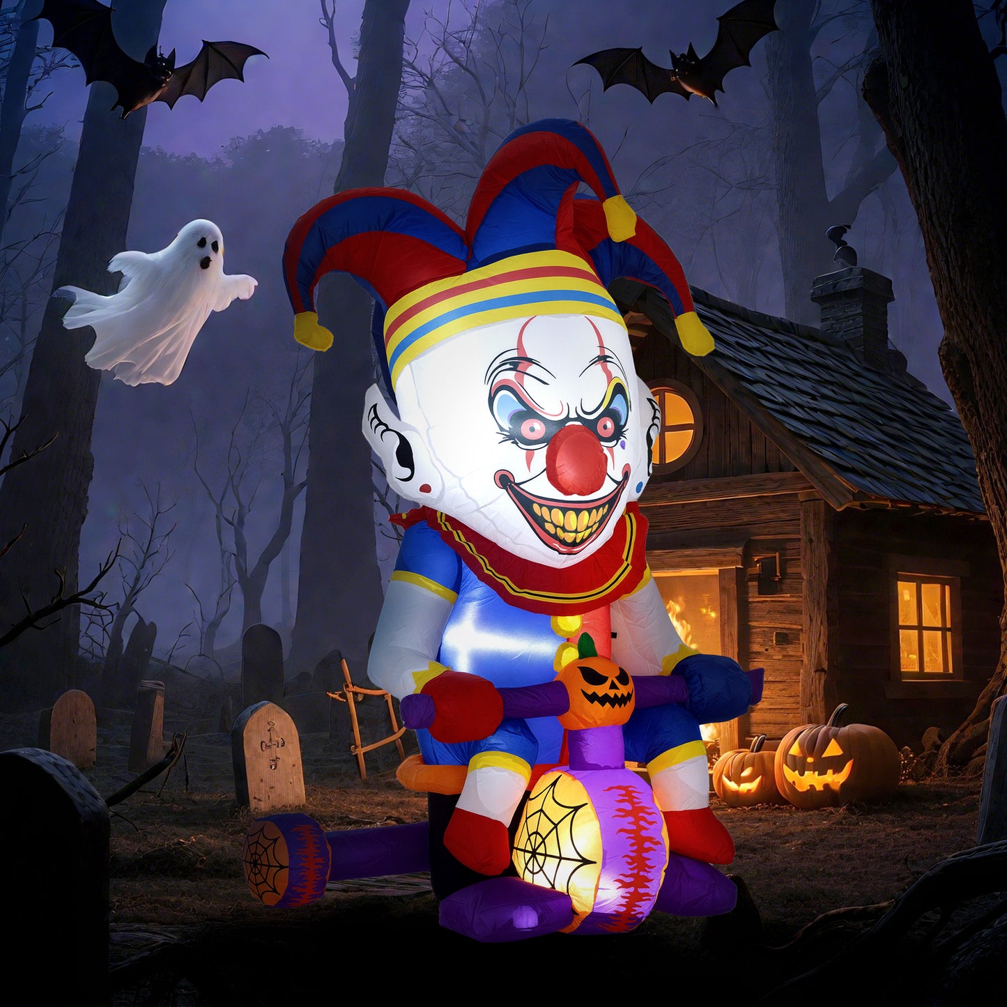 4ft Halloween Inflatable Clown on Bicycle, Blow Up Outdoor Halloween Decoration with 3 Built-in LED Lights for Garden, Party Indoor Outdoor