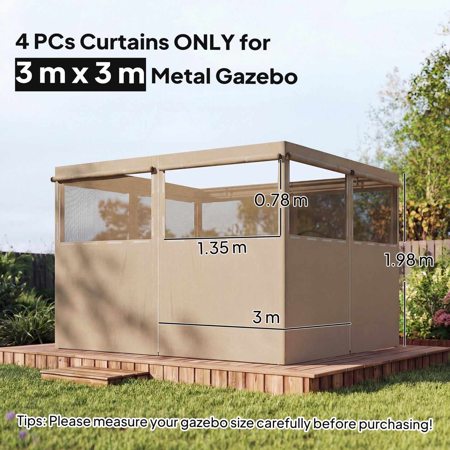 Outsunny 4 Pack Replacement Gazebo Curtains Privacy Panel for Most 3 x 3 m Gazebo, Outdoor Shelter Sidewalls, Khaki