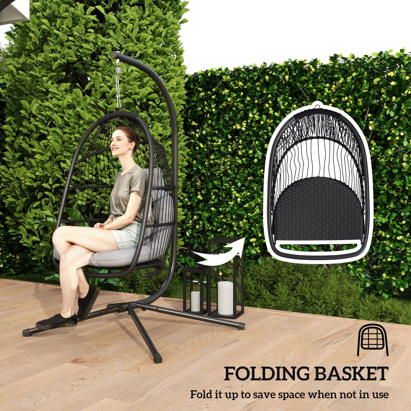 Outsunny Rattan Hanging Egg Chair with Stand, Foldable Wicker Swing Egg Chair with Cushion, Head Pillow, Steel Frame, Hammock Chair