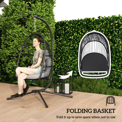 Outsunny Rattan Hanging Egg Chair with Stand, Foldable Wicker Swing Egg Chair with Cushion, Head Pillow, Steel Frame, Hammock Chair
