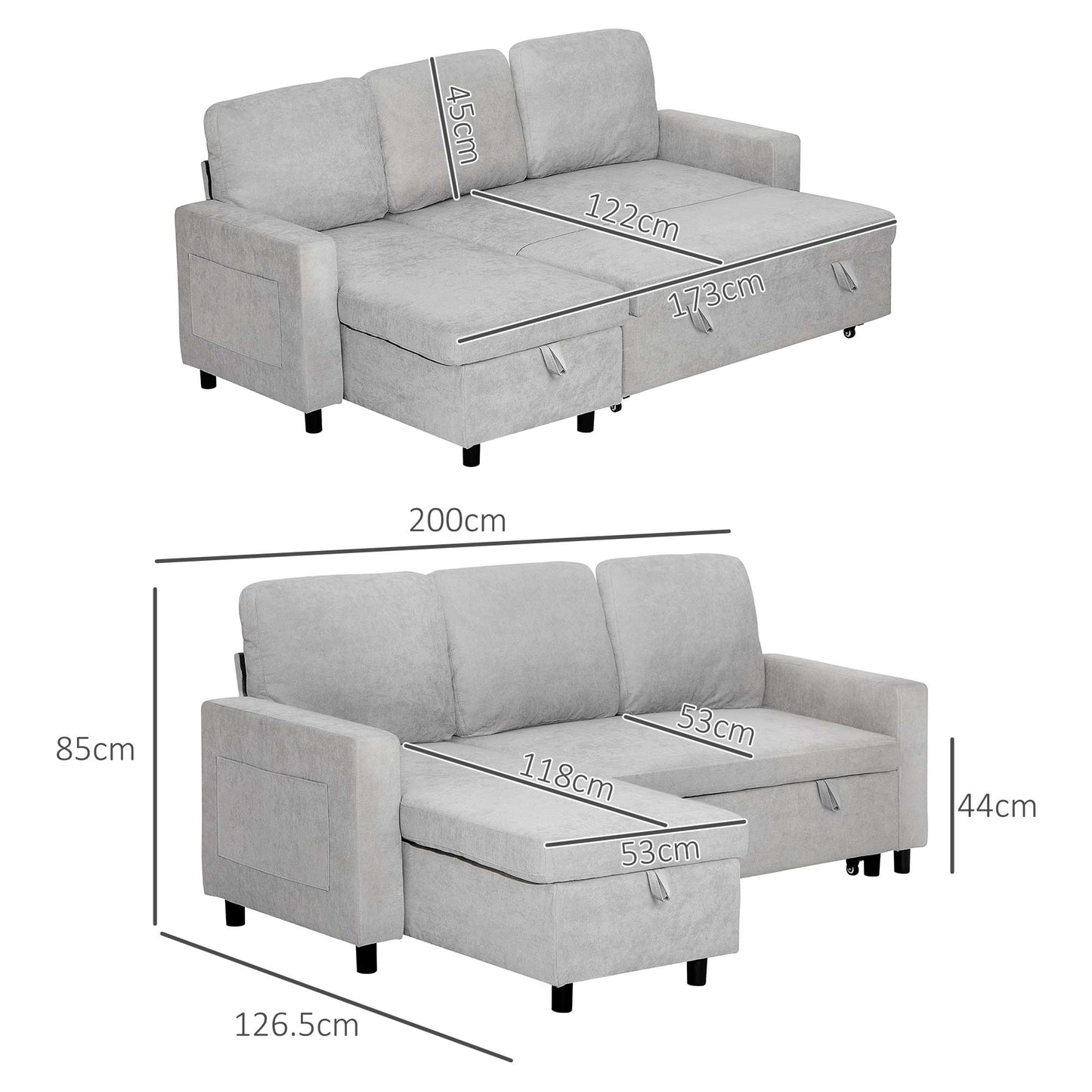 Three Seater L Sofa Bed, with Storage - Light Grey