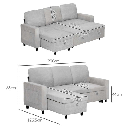 Three Seater L Sofa Bed, with Storage - Light Grey