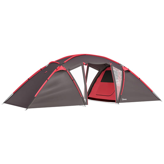 4-6 Man Family Camping Tent w/ 2 Bedrooms and a Living Room, Waterproof Tunnel Tent w/ Sewn In Groundsheet, Doors, Windows, Bag