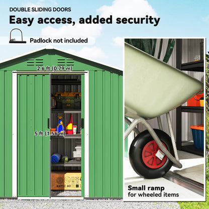 Galvanised Steel Garden Storage Shed | Double Sliding Lockable Door | 4 Vents | Sloped Roof | Steel Tile Roof & Walls | 194x107x191cm | 1.8m² | Green