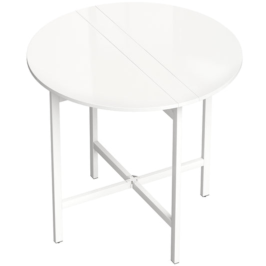 Drop Leaf Folding Dining Table | Round Top | 3 Modes | Folds to 11.5cm | Melamine Waterproof Top | Steel Frame | 30kg | White