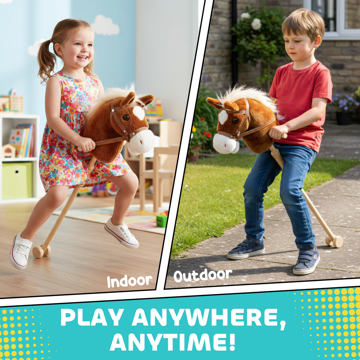 AIYAPLAY Stick Hobby Horse | Brown | Polyester Fabric Poplar Wood | 95cm | Neighing & Galloping Sounds | Wooden Wheels | Grip Handle | EN71 | 3x LR44 Included | Indoor Outdoor | Age 2+