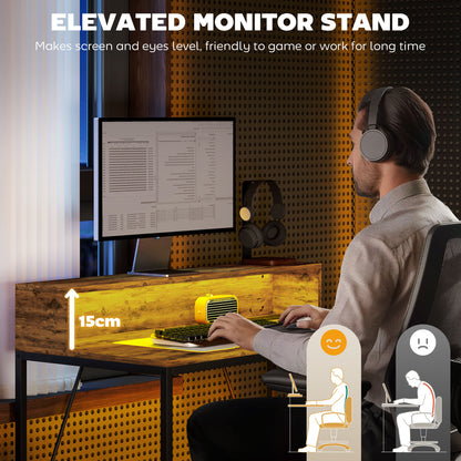 Computer Desk W/ LED Lights and Power Outlets, Gaming Desk W/ Monitor Stand, Computer Table with Remote for Home Office Study, Rustic Brown