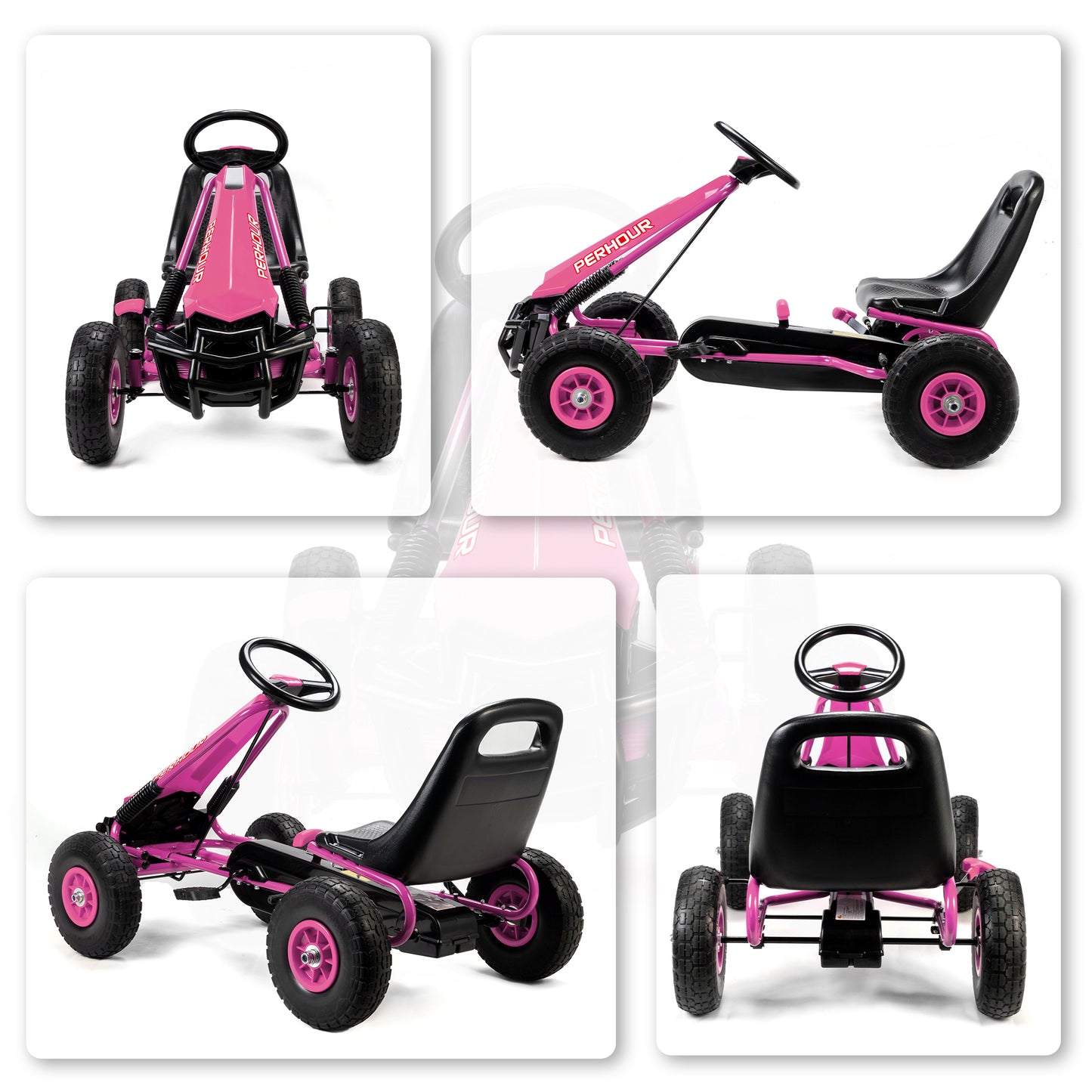 AIYAPLAY Kids Pedal Go Kart with Adjustable Seat, EVA Tyres, Manual Clutch, Brake, Go Kart for Kids 3-8 Years, Pink