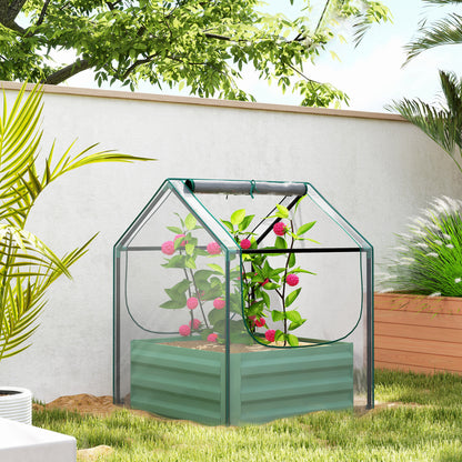 2-in-1 Raised Garden Bed with Mini Greenhouse Cover | Galvanised Steel Base | Open Bottom | 2 Roll-Up Windows | 10cm Soil Anchor Edge | 61x61x29.5cm Bed | 70x70x90cm Cover | Green & Clear