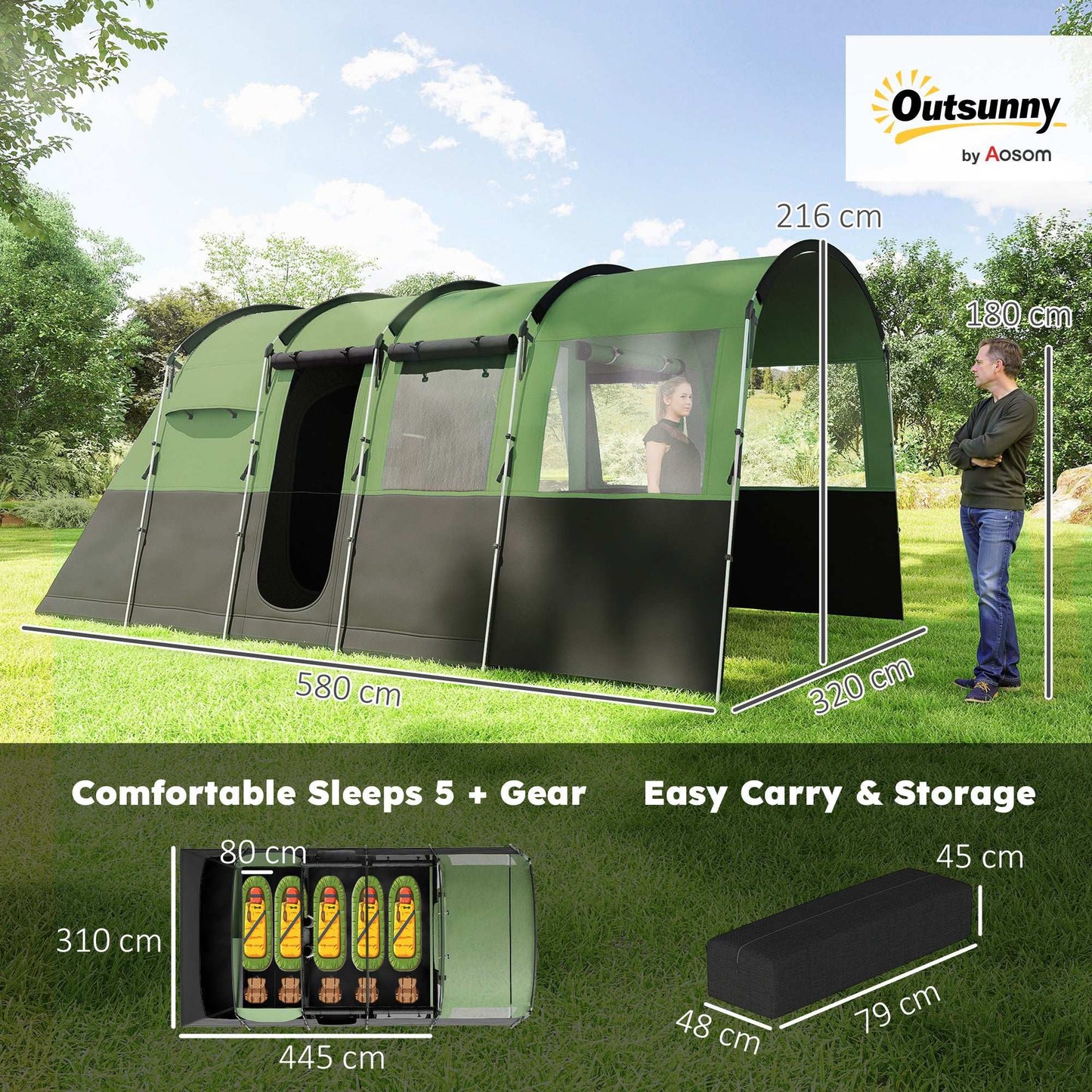 8-Person Camping Tent, Waterproof Family Tent, Tunnel Design, 4 Large Windows, Sleeping Cabins 3000mm Water Column Green - Blue