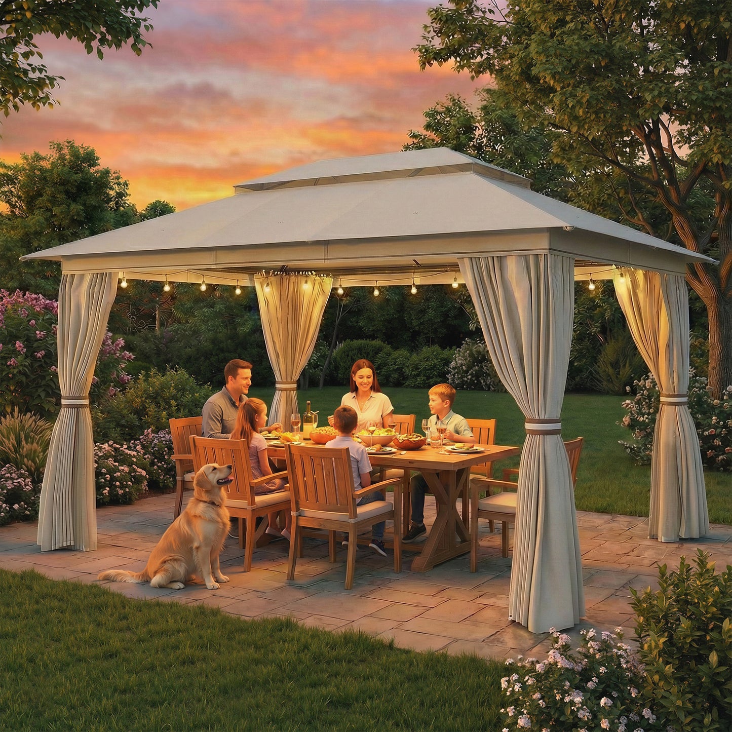 4x3m Permanent Garden Gazebo & Pavilion | UPF50+ | Privacy Curtains | Mesh Netting | Drainage | Metal Frame | Beige
