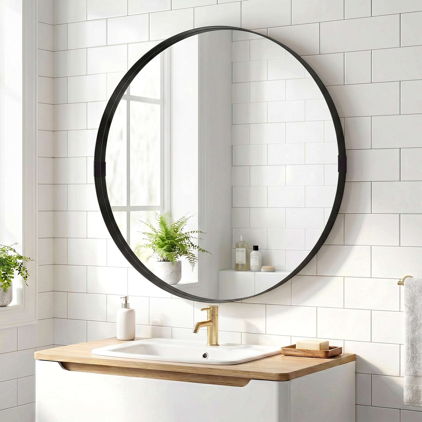 Round Wall Mirror | Shatterproof Tempered Glass | Anodised Aluminium Alloy Frame | 4cm Deep 3D Effect | 61cm Diameter | No Assembly | Black