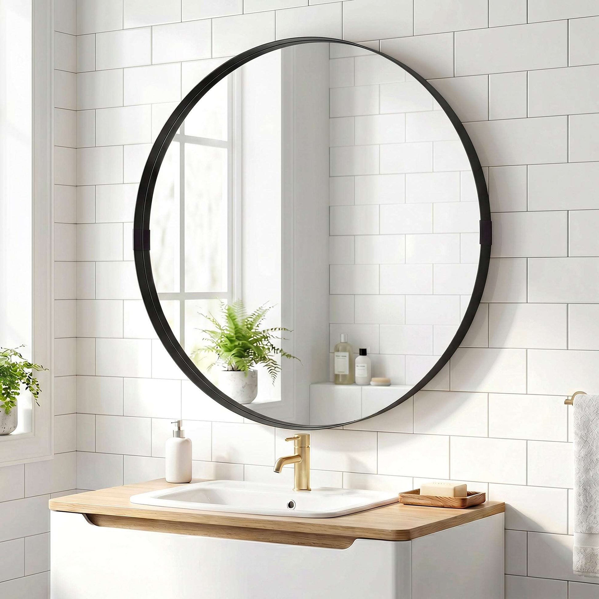 Round Wall Mirror | Shatterproof Tempered Glass | Anodised Aluminium Alloy Frame | 4cm Deep 3D Effect | 61cm Diameter | No Assembly | Black