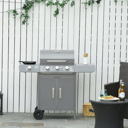 3+1 Burner Gas BBQ Grill, Outdoor Barbecue Trolley with Wheels, Warming Rack, Side Shelves, Cabinet, Thermometer for Garden, Party, Camping,