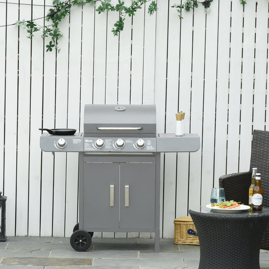 3+1 Burner Gas BBQ Grill, Outdoor Barbecue Trolley with Wheels, Warming Rack, Side Shelves, Cabinet, Thermometer for Garden, Party, Camping,