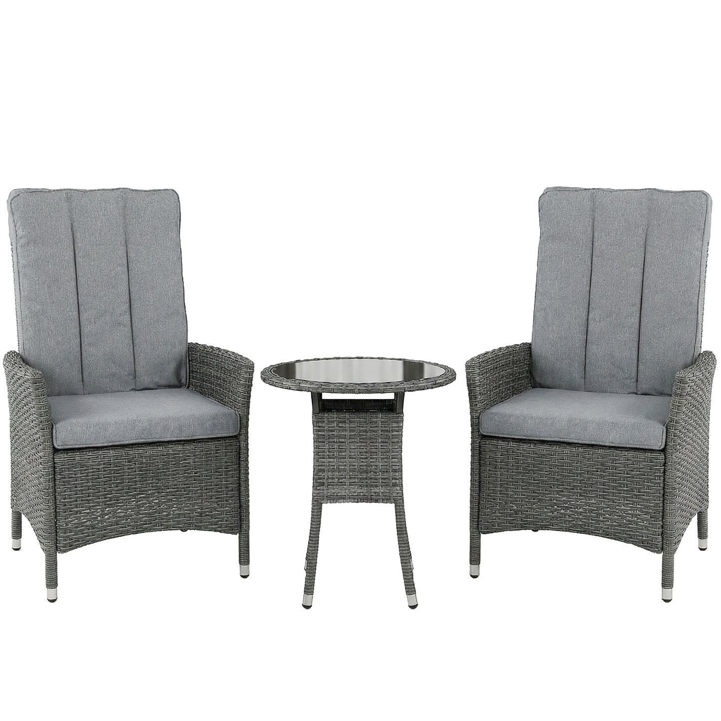Rattan Bistro Set | 2 Reclining Chairs | Gas Lift 105°-150° | Glass Table | Washable Cushions | Grey