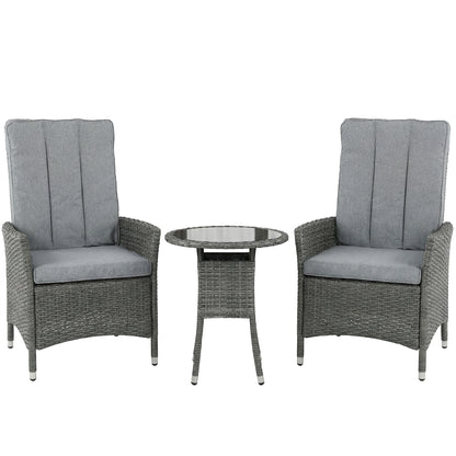 Rattan Bistro Set | 2 Reclining Chairs | Gas Lift 105°-150° | Glass Table | Washable Cushions | Grey