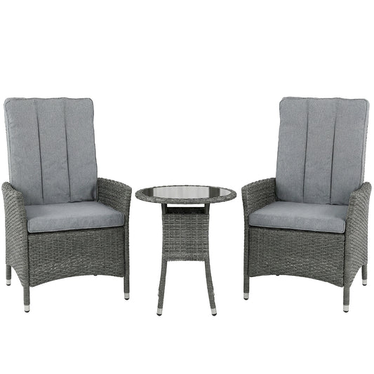 Rattan Bistro Set | 2 Reclining Chairs | Gas Lift 105°-150° | Glass Table | Washable Cushions | Grey