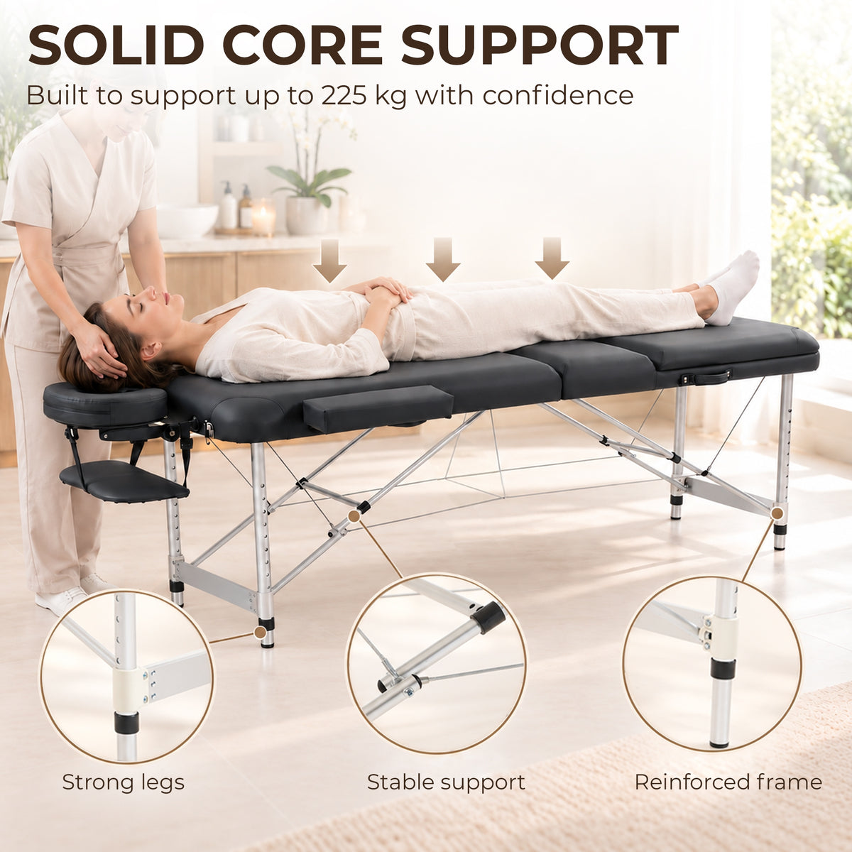 Portable Massage Table | 3-Section Folding Aluminium Beauty Couch | 9 Height Settings, Adjustable Backrest & Headrest | Black
