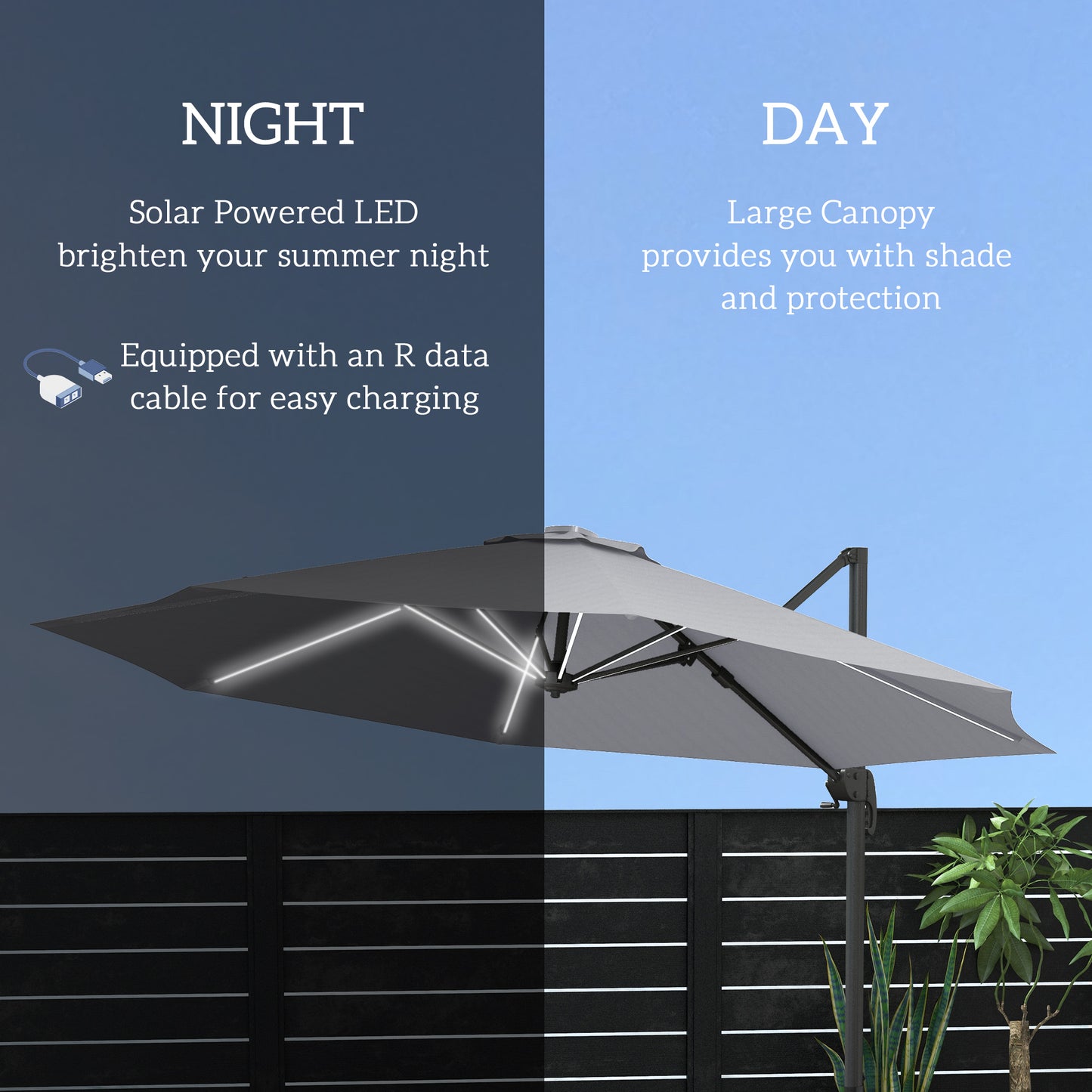 Outsunny 3(m) Adjustable Cantilever Parasol with Base, Solar LED Lights, Light Grey