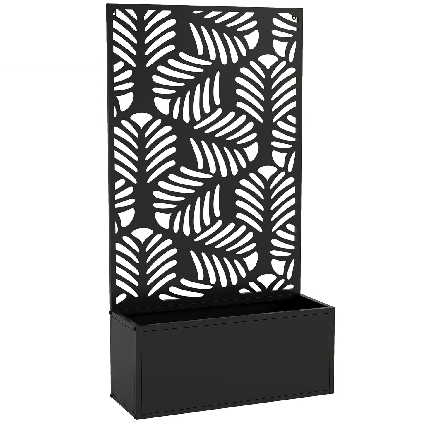Metal Raised Planter with Monstera Leaf Trellis & Privacy Screen | Wall Mounted or Freestanding | 29L Soil | 50kg | Powder-Coated | 61x23x113cm | Climbing Plants | Black