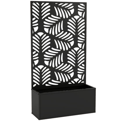 Metal Raised Planter with Monstera Leaf Trellis & Privacy Screen | Wall Mounted or Freestanding | 29L Soil | 50kg | Powder-Coated | 61x23x113cm | Climbing Plants | Black