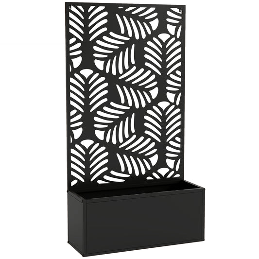 Metal Raised Planter with Monstera Leaf Trellis & Privacy Screen | Wall Mounted or Freestanding | 29L Soil | 50kg | Powder-Coated | 61x23x113cm | Climbing Plants | Black