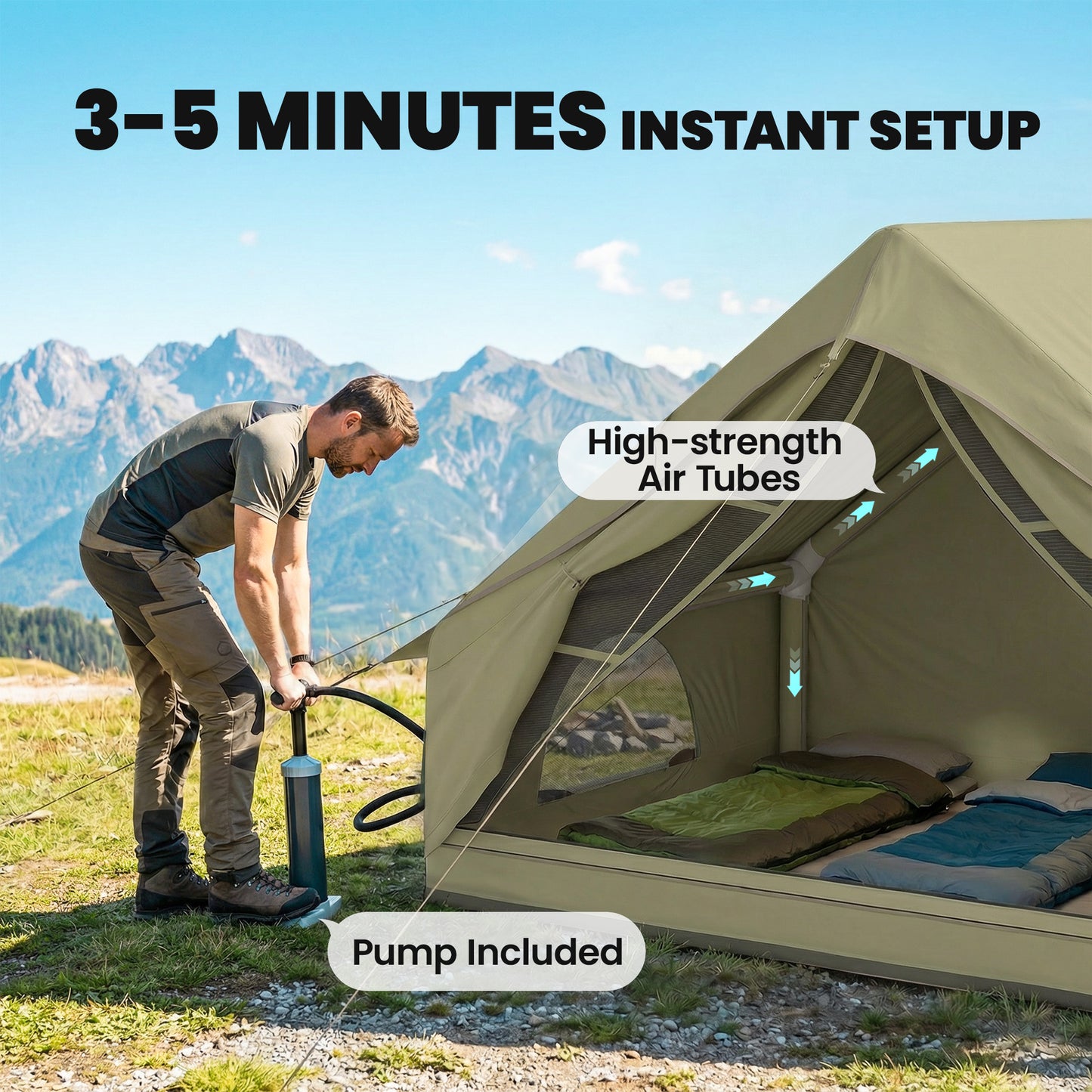 Inflatable Camping Tent | 2-4 Person | 5-Min Setup | Waterproof Oxford | Level 4 Wind | 300x210x190cm | Army Green