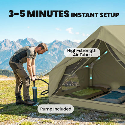 Inflatable Camping Tent | 2-4 Person | 5-Min Setup | Waterproof Oxford | Level 4 Wind | 300x210x190cm | Army Green
