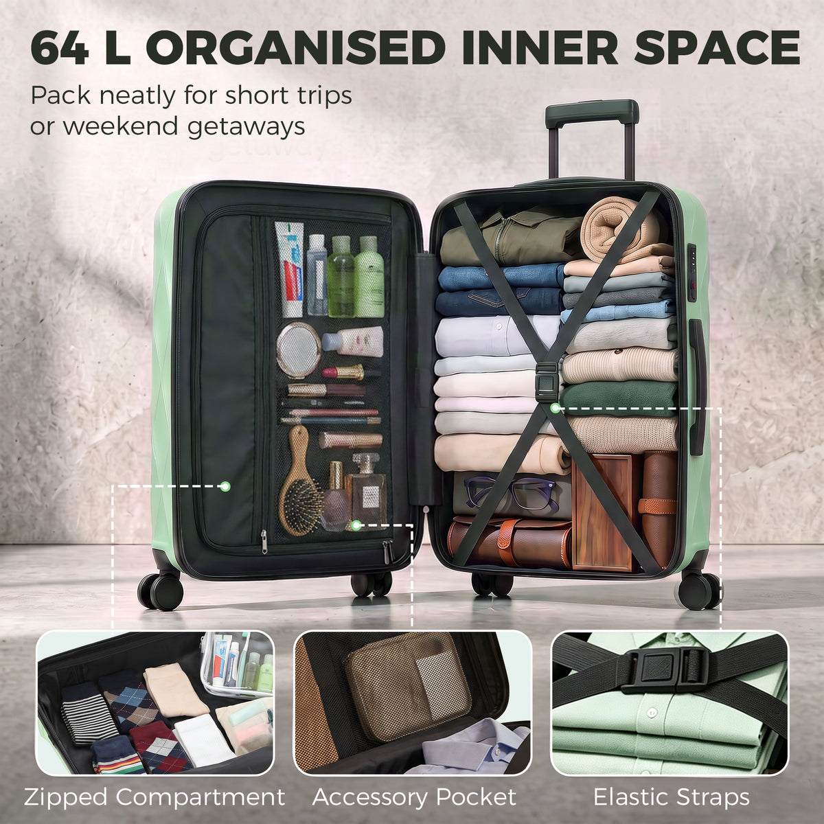 2-Piece Hard Shell Luggage Set | TSA Lock with USB Port | 20 & 12 Inch Spinner Suitcases | 41L + 14L Capacity | Green or Black