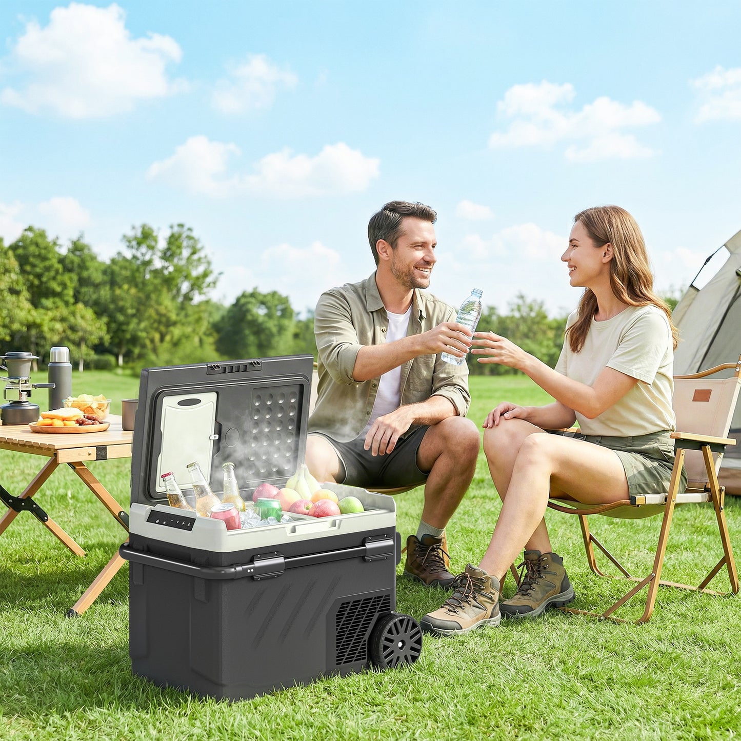 Outsunny 40L Compressor Car Fridge Freezer, Dual Zone Camping Refrigerator with App Control, Telescopic Handle, -20°C-20°C