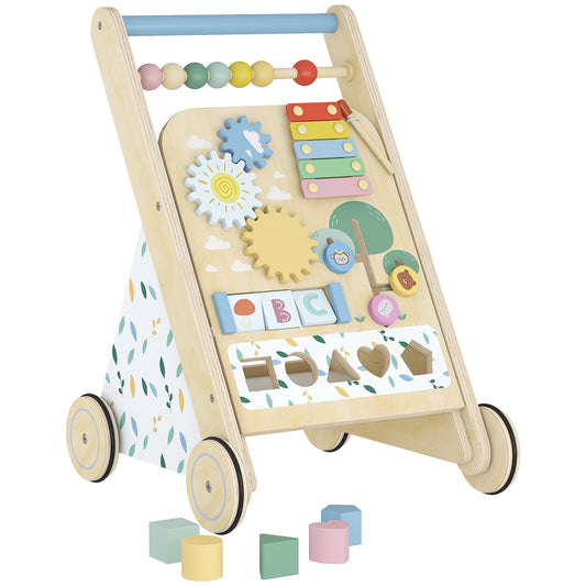 Wooden Baby Walker | Toddler Push Along | Speed Control | Activity Centre | Xylophone | 5 Blocks | 18M+ | 34.5x32.4x46cm | Natural