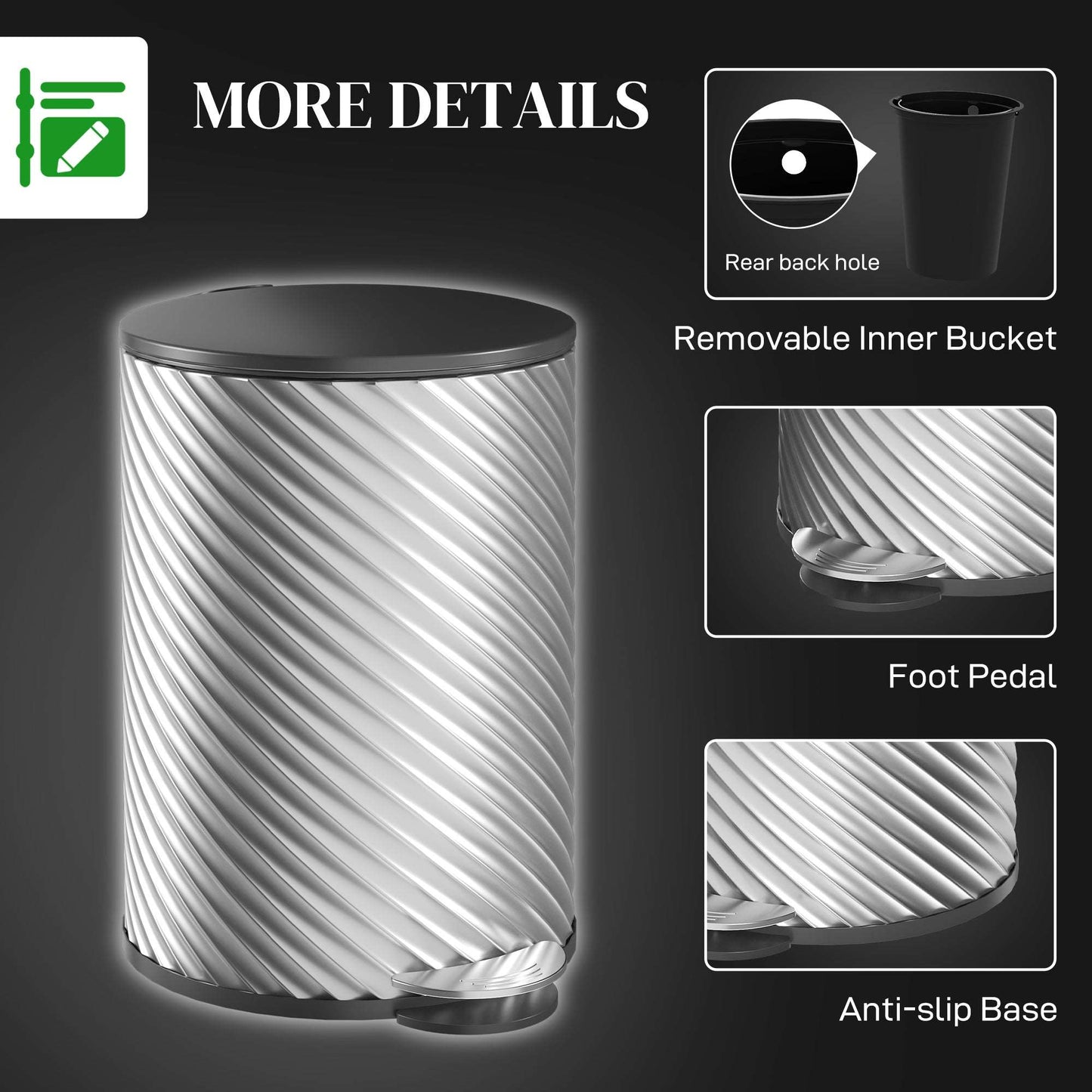 20 Litre Kitchen Bin, Stainless Steel Pedal Bin with Soft-close Lid, Fingerprint Proof Cylindrical Rubbish Bin with Foot Pedal,  Removable Bucket, Silver