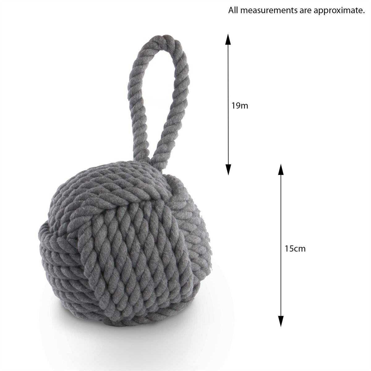 Maison & White Rope Knot Door Stop | Grey Cotton Nautical Doorstop | Weighted Sand & Polyester Filling | 15cm Ball & Carry Loop