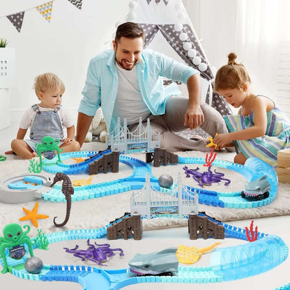 VATOS Track Toys Shark Race Car Toy for Boys Girls Age 3+ Bendable Flexible Racetrack Cars Ocean Train Toy STEM Educate Kid Set