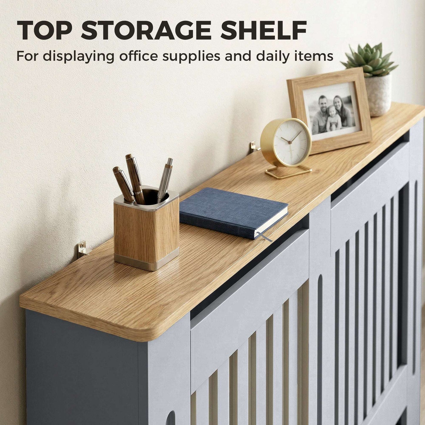 MDF Radiator Cover | Slatted Line Grill Design | Display Top | Wall Mountable | Fittings Included | 10kg | 152x19x81cm | Grey