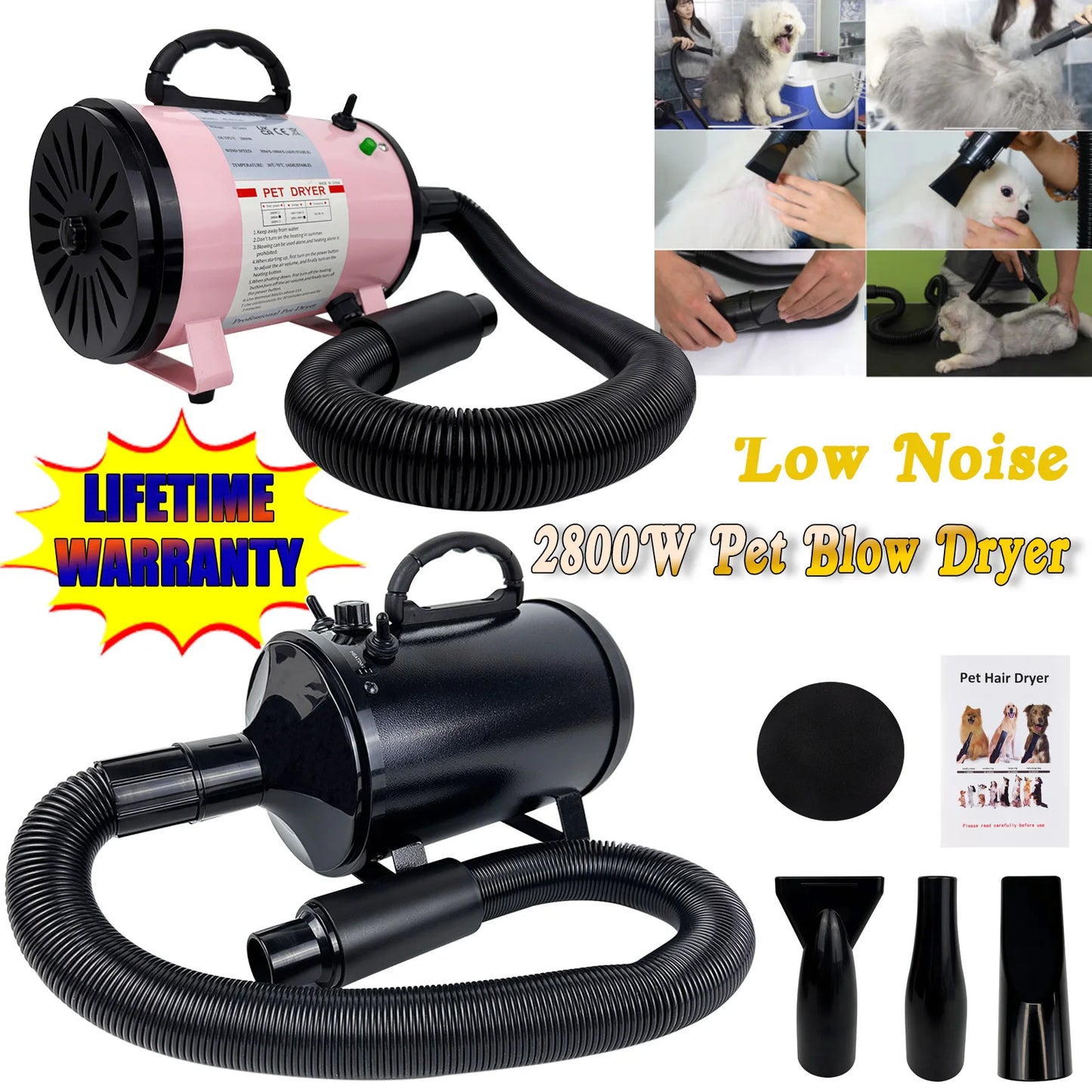 Pet Dog Cat Grooming Hairdryer Professional 2800W Variable Speed Powerful Efficient Hair Fur Blower Dryer With 3 Nozzles