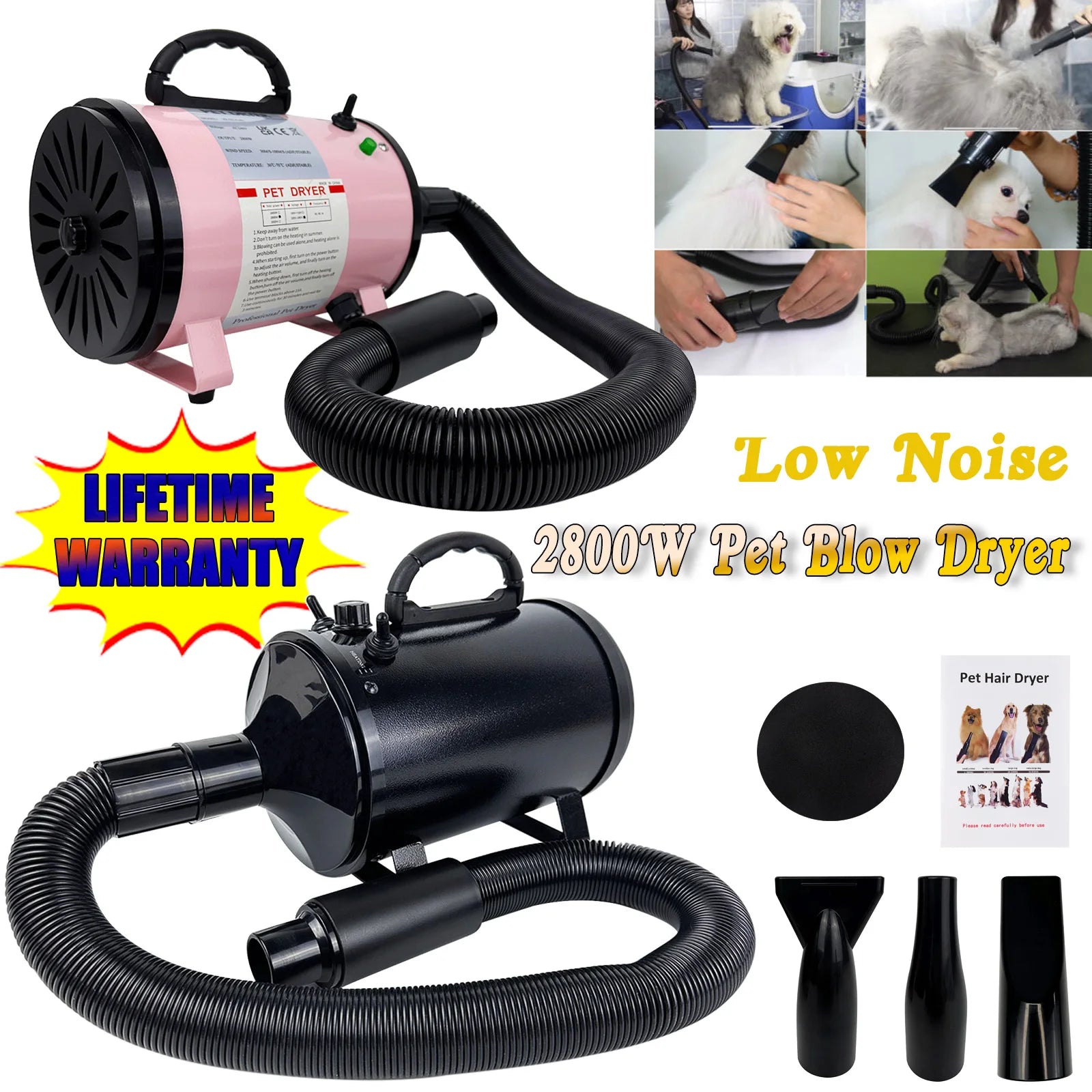 Pet Dog Cat Grooming Hairdryer Professional 2800W Variable Speed Powerful Efficient Hair Fur Blower Dryer With 3 Nozzles