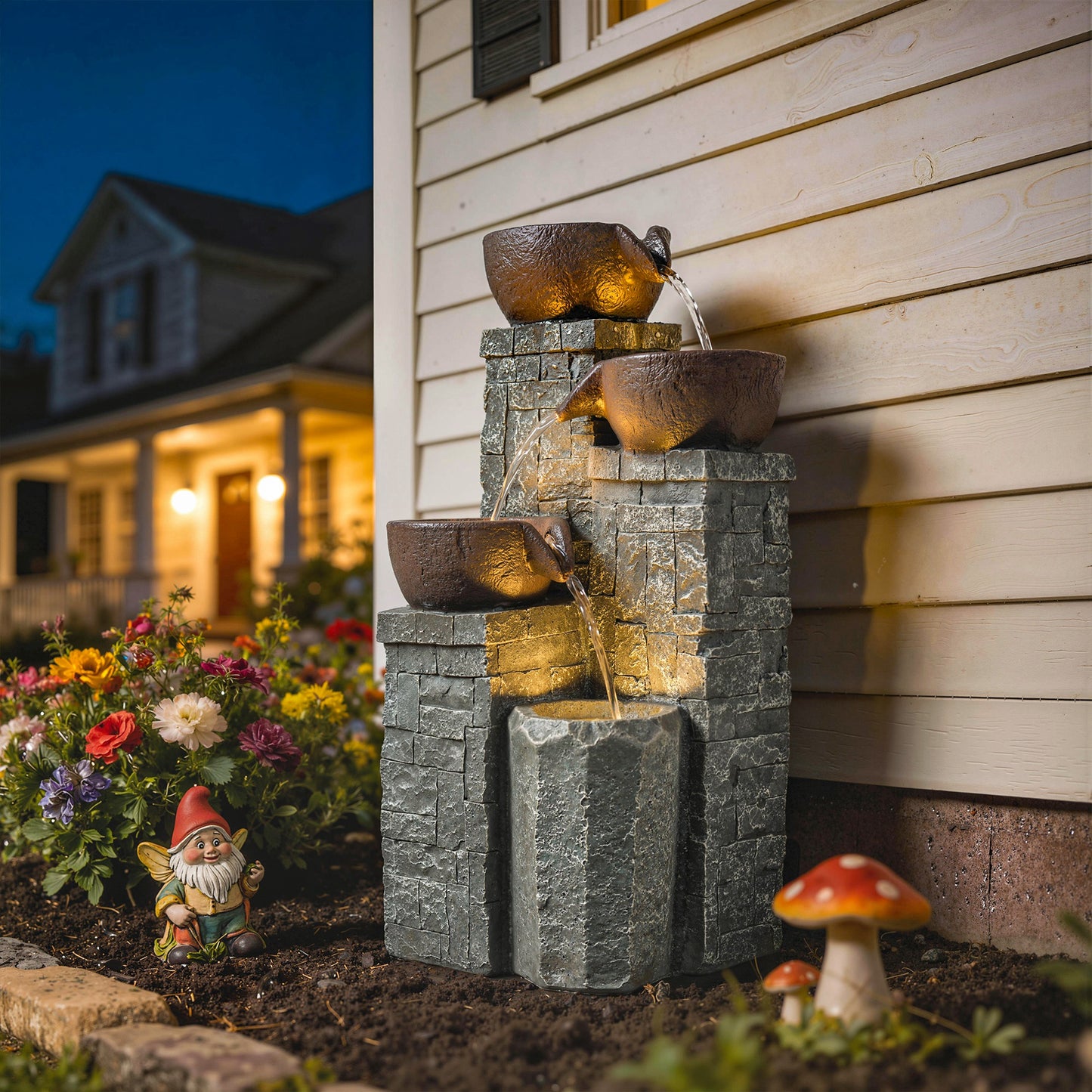 Compact 4-Tier Pot & Pillar Resin Waterfall Fountain | Hand-Painted | Warm White LED Lights | 3-Speed Adjustable Pump | 5W | 230V | 3m Cable | 26x25x50cm | Garden Patio & Balcony | Grey & Rustic Brown