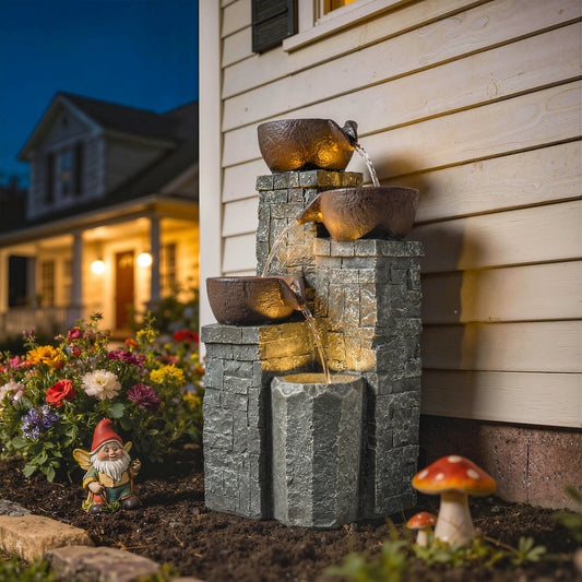 Compact 4-Tier Pot & Pillar Resin Waterfall Fountain | Hand-Painted | Warm White LED Lights | 3-Speed Adjustable Pump | 5W | 230V | 3m Cable | 26x25x50cm | Garden Patio & Balcony | Grey & Rustic Brown
