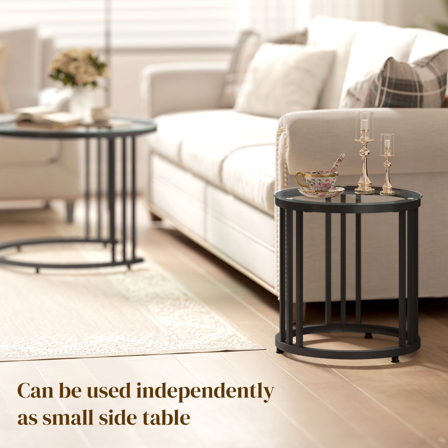 Round Coffee Tables Set of 2, Nesting Tables with Tempered Glass Top and Steel Frame, Black