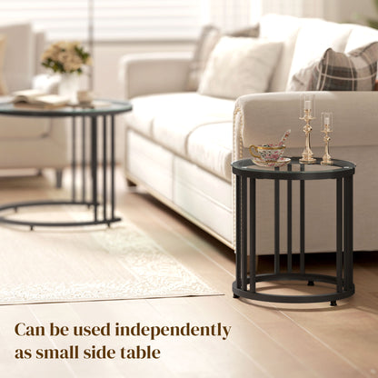 Round Coffee Tables Set of 2, Nesting Tables with Tempered Glass Top and Steel Frame, Black