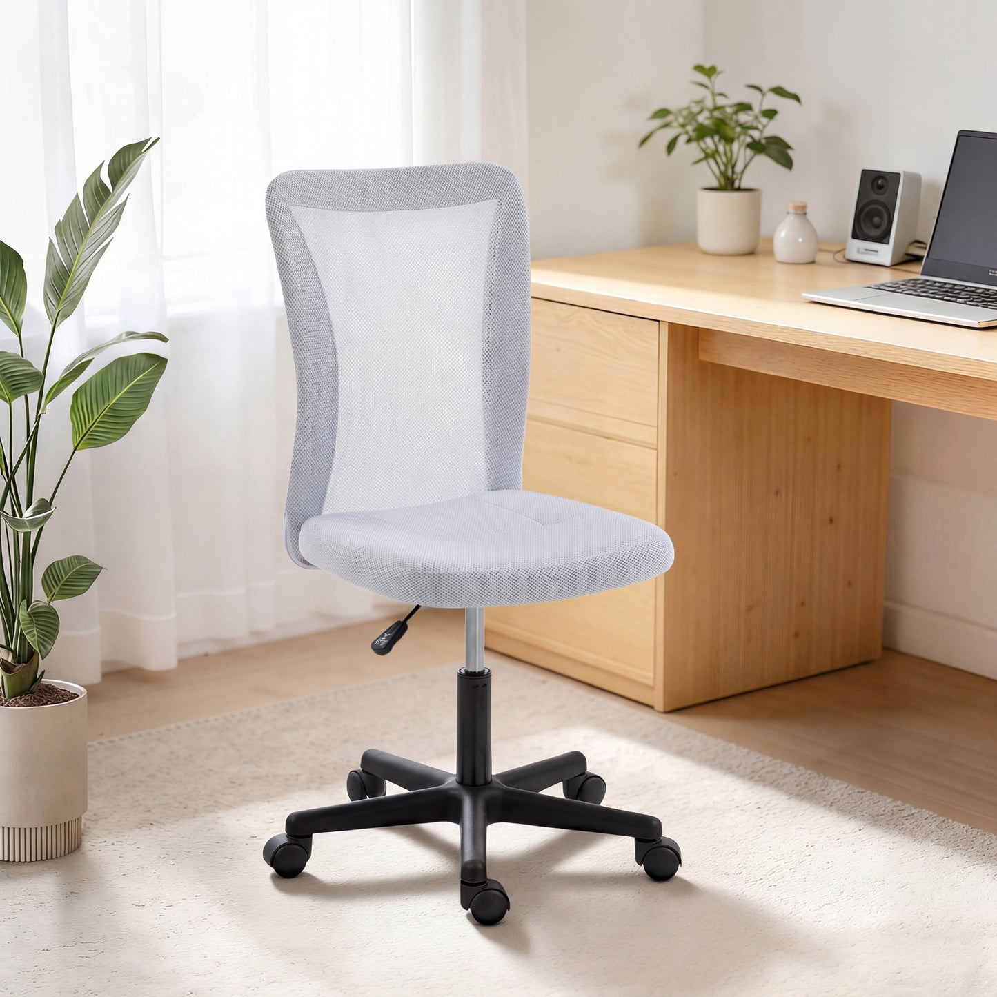 Armless Mesh Office Chair | 360° Swivel | Adjustable Height 40-52cm | 6cm Padded Seat | Breathable Mesh Back | 120kg | Space Saving | White