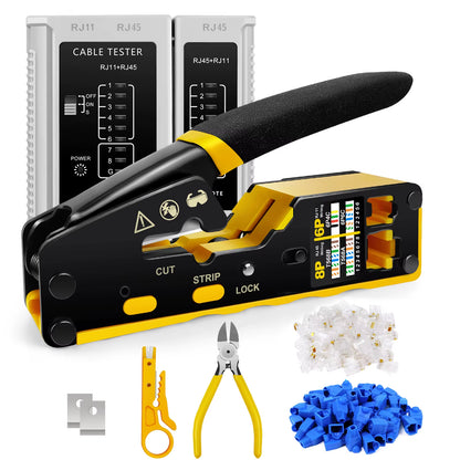 Pass through RJ45 Crimp Tool Kit Ethernet Crimper CAT5 Cat 5E Cat 6 Crimping Tool Kit 3 in 1 - Crimp Cutting Peeling