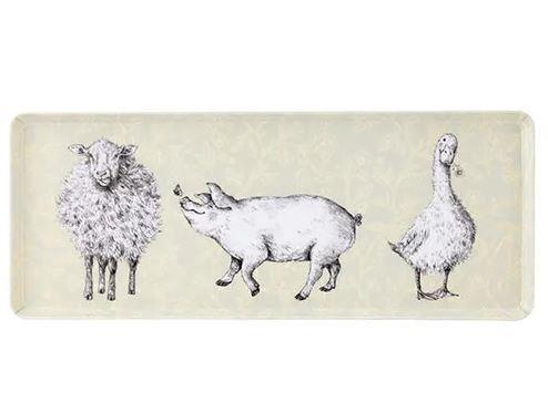 The English Tableware Company Fieldview Farm Rectangular Serving Tray | Sage Farm Animal Design | Gloss Melamine | 39 × 15.5cm
