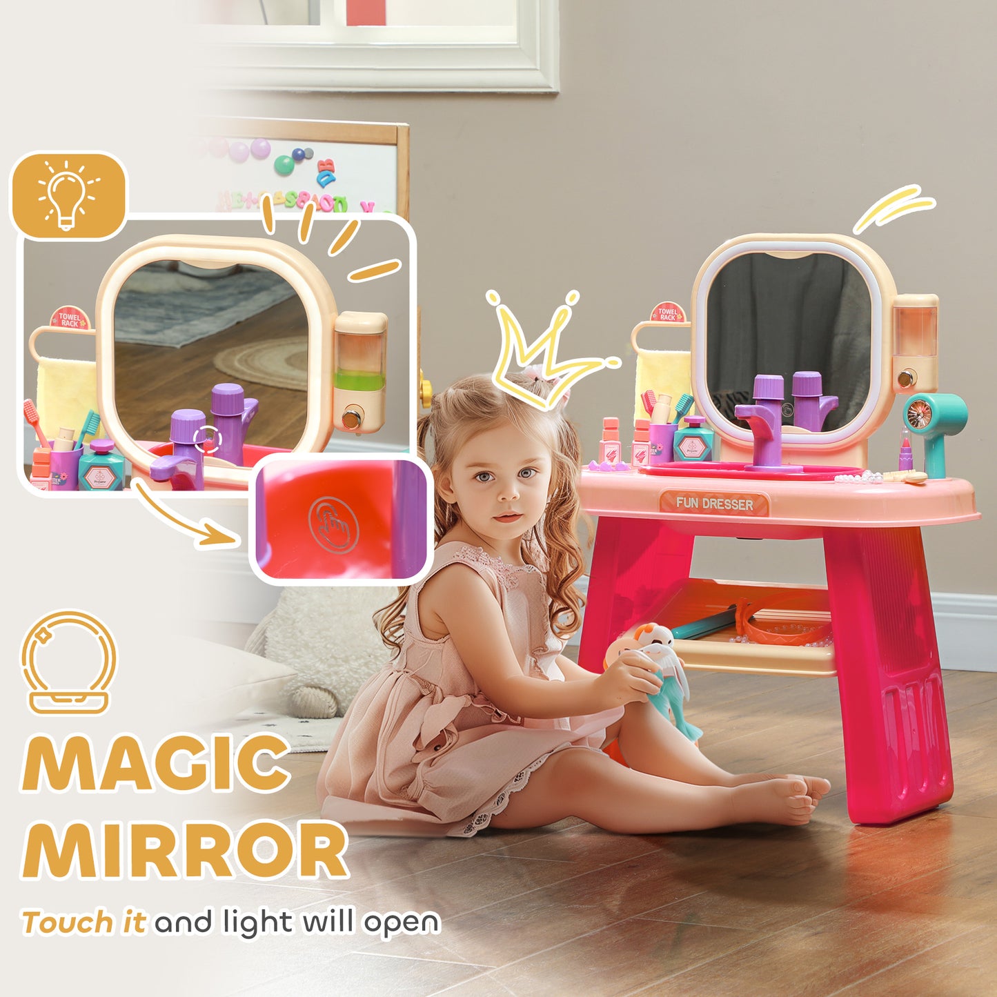 AIYAPLAY Kids Dressing Table with Mirror, LED Light, 23 Accessories, Pink