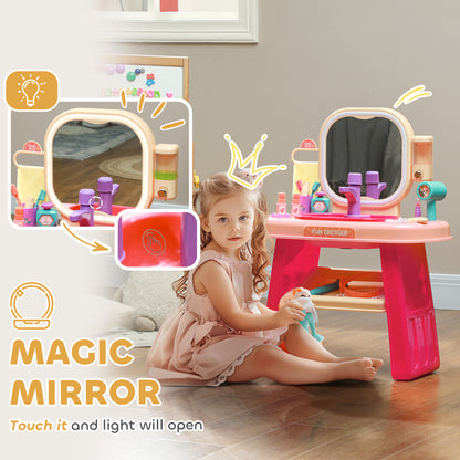 AIYAPLAY Kids Dressing Table with Mirror, LED Light, 23 Accessories, Pink
